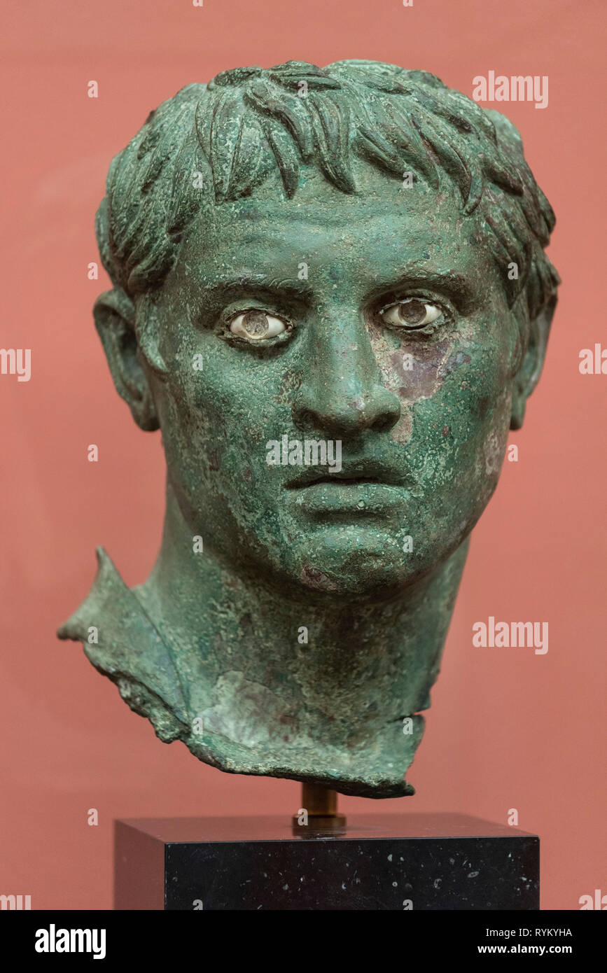 Copenhagen. Denmark. Bronze portrait of a Roman. Ny Carlsberg Glyptotek.  Found in Greece. 1st century AD. Bronze. Stock Photo