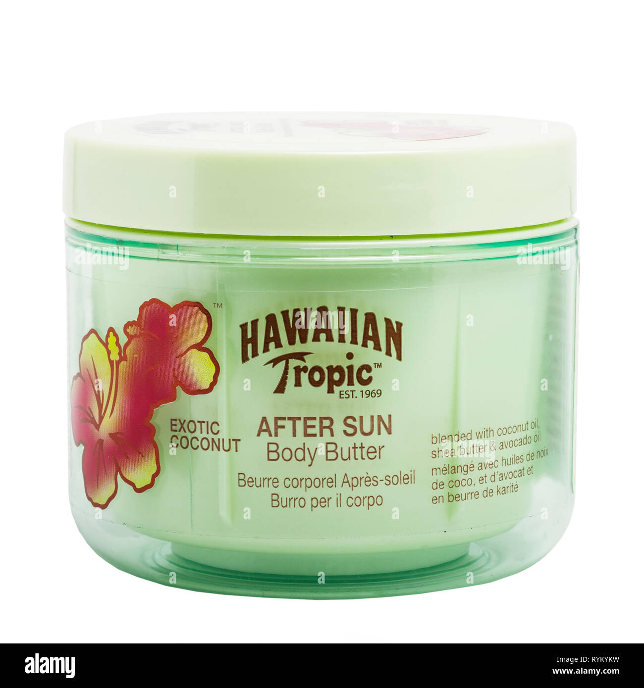 A tub of Hawaiian Tropic after sun body butter on a white background Stock Photo