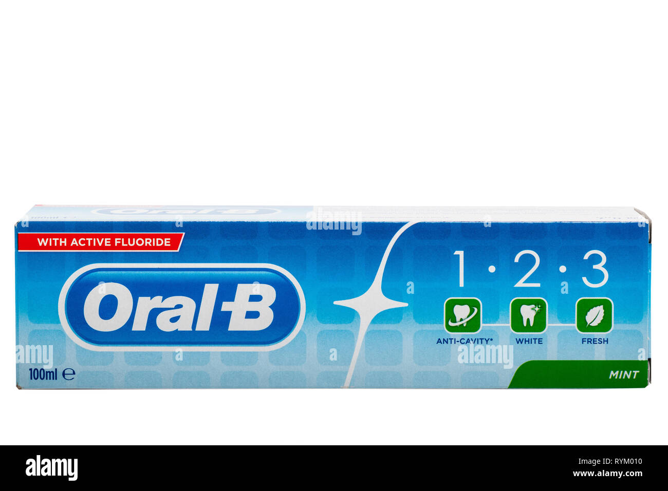 A box of Oral-B mint toothpaste with active flouride on a white background Stock Photo