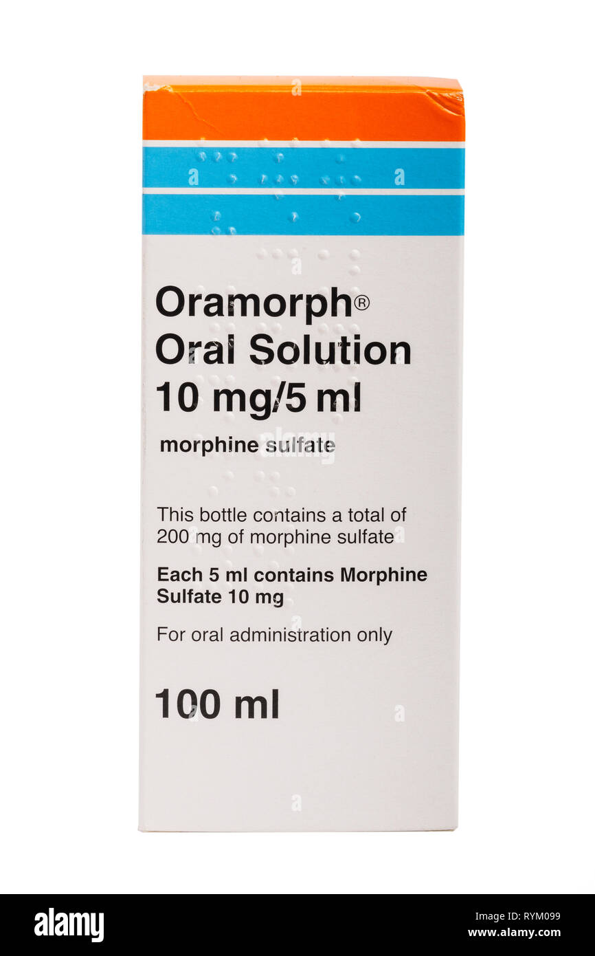 A bottle of Oramorph oral solution morphine sulfate on a white background Stock Photo