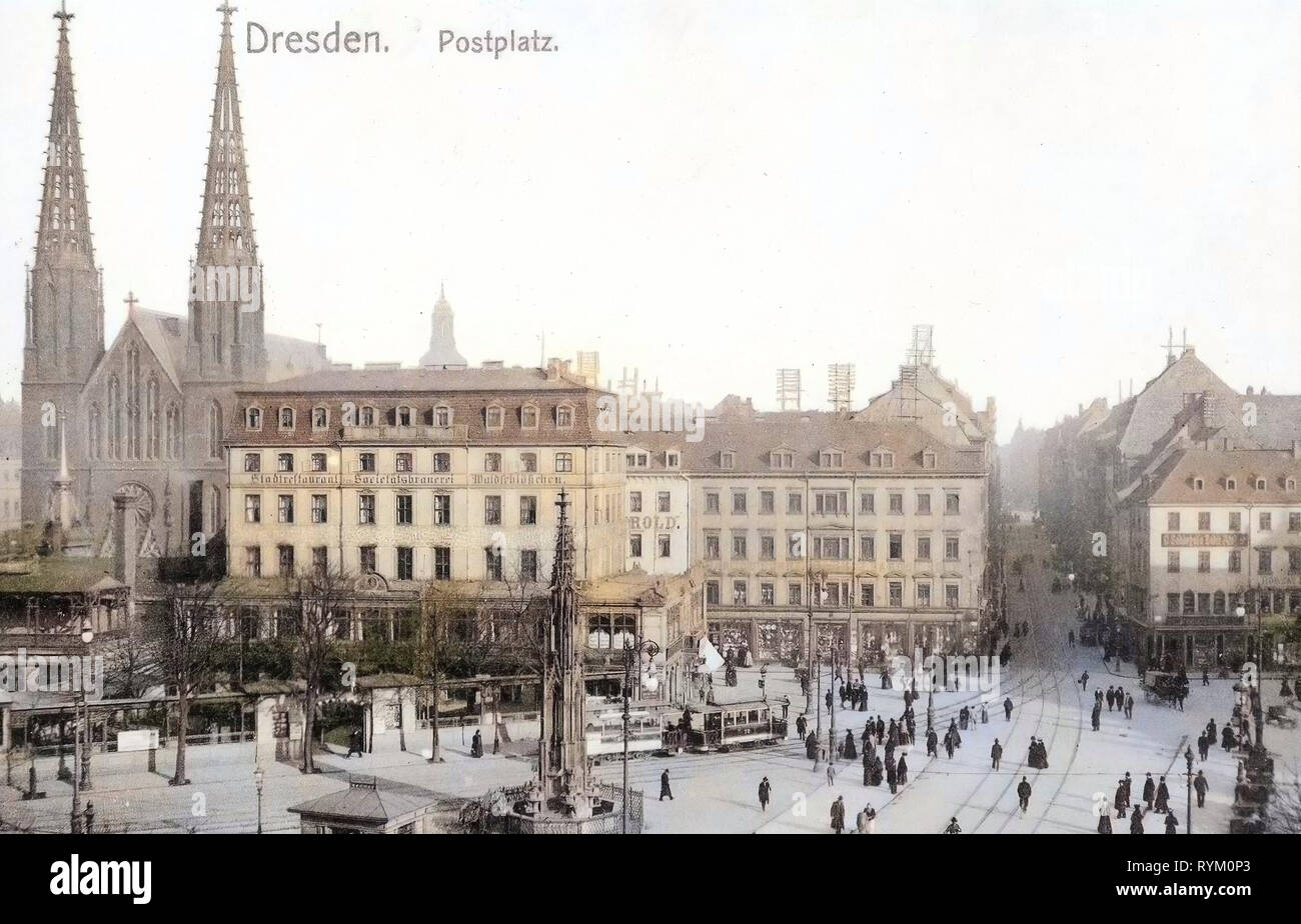 Postplatz, Dresden, Sophienkirche (Dresden), Trams in Dresden, Cholerabrunnen, 1906, Germany Stock Photo