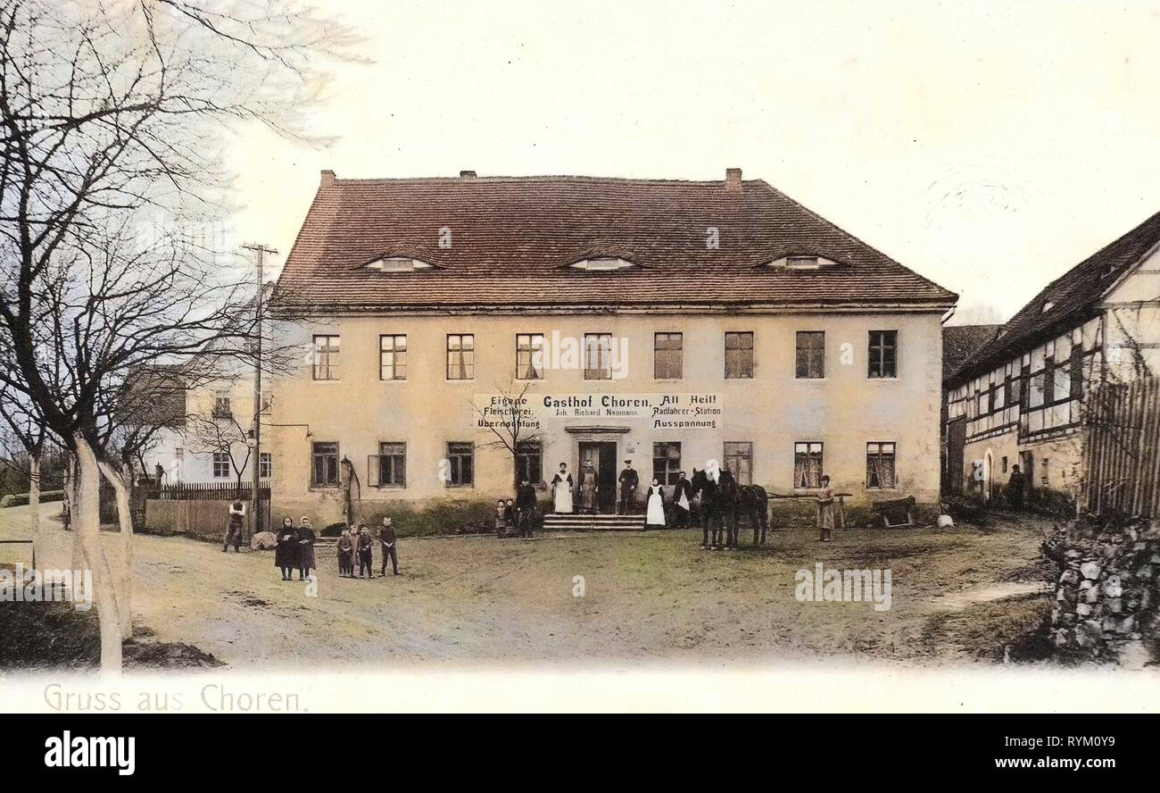 Restaurants in Landkreis Mittelsachsen, Horses of Saxony, Water wells in Saxony, Choren (Mochau), 1906, Landkreis Mittelsachsen, Choren, Gasthof, Germany Stock Photo