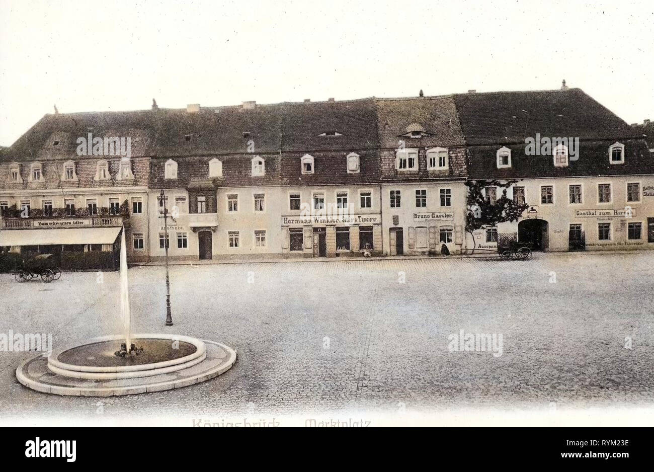 Fountains in Landkreis Bautzen, Restaurants in Landkreis Bautzen, Market squares in Saxony, Königsbrück, 1906, Landkreis Bautzen, Marktplatz mit Springbrunnen, Germany Stock Photo