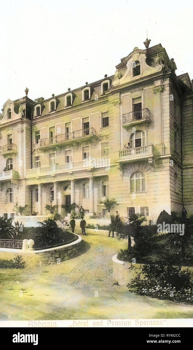Hotels in Opatija, Guest houses, Historical images of Opatija, 1906 postcards, Abbazia, 1906, Hotel uns Pension Speranza Stock Photo