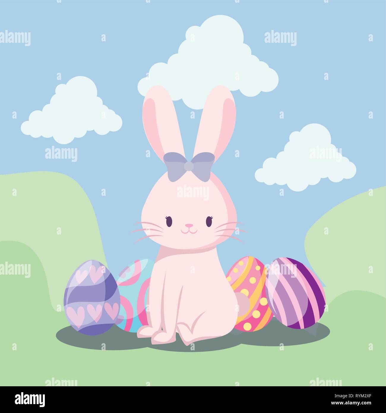 cute rabbit female with eggs of easter in landscape vector illustration ...