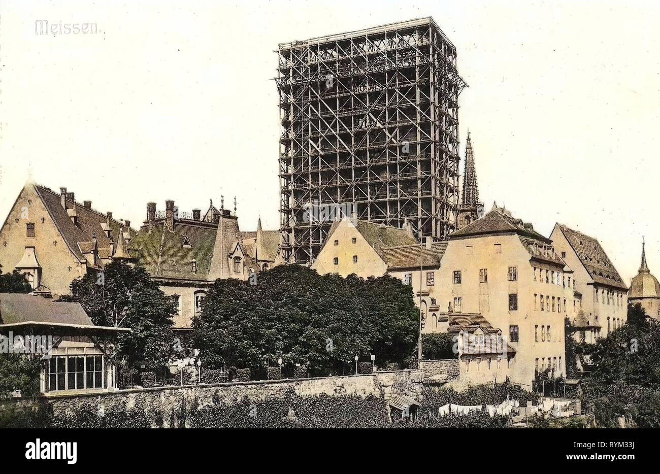 Meissen Cathedral, Terraces in Germany, Scaffolding in Saxony, Albrechtsburg, 1906, Meißen, Domtürme im Bau, Burgkeller mit Terrasse Stock Photo