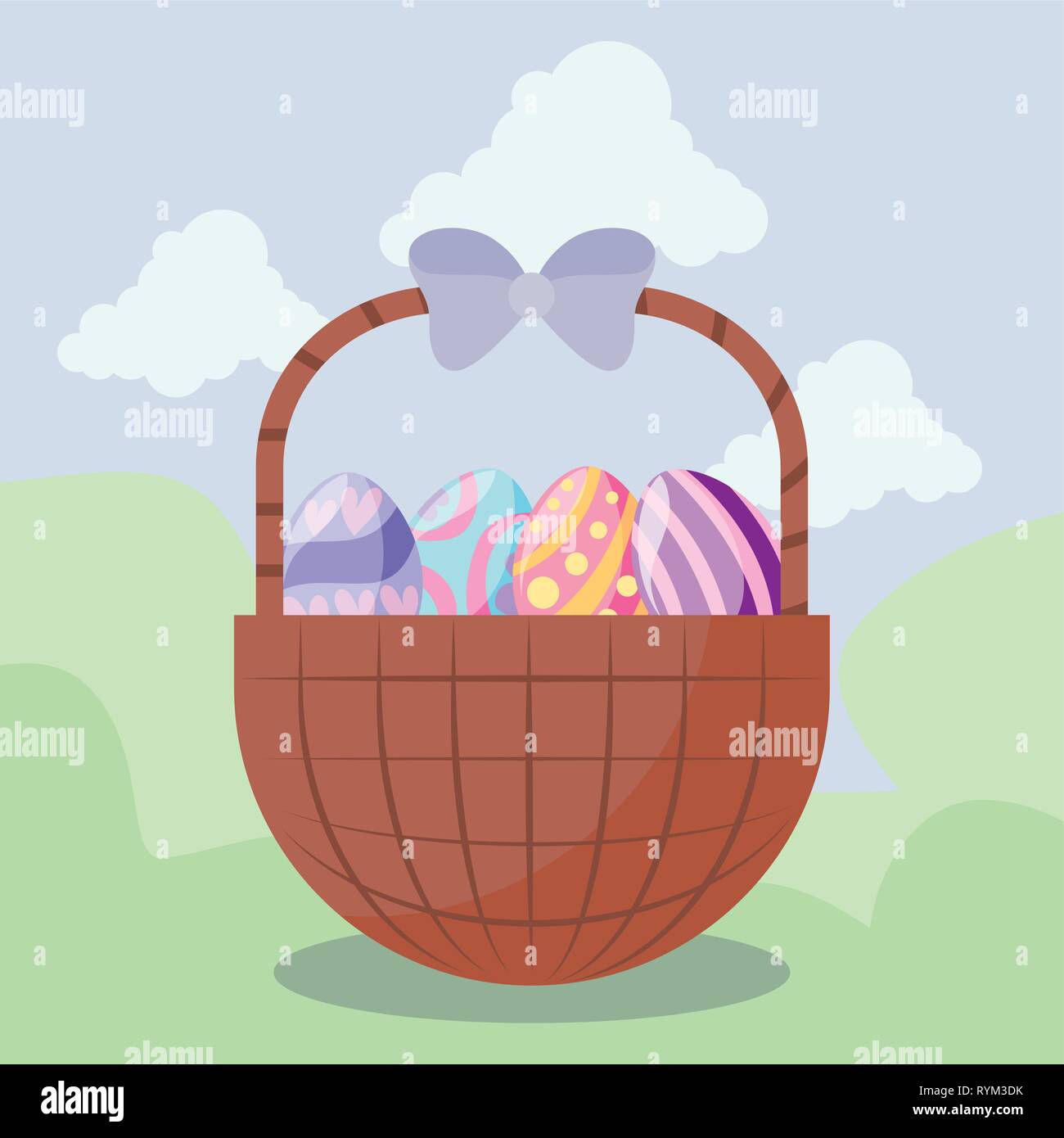 basket with eggs of easter in landscape vector illustration design ...