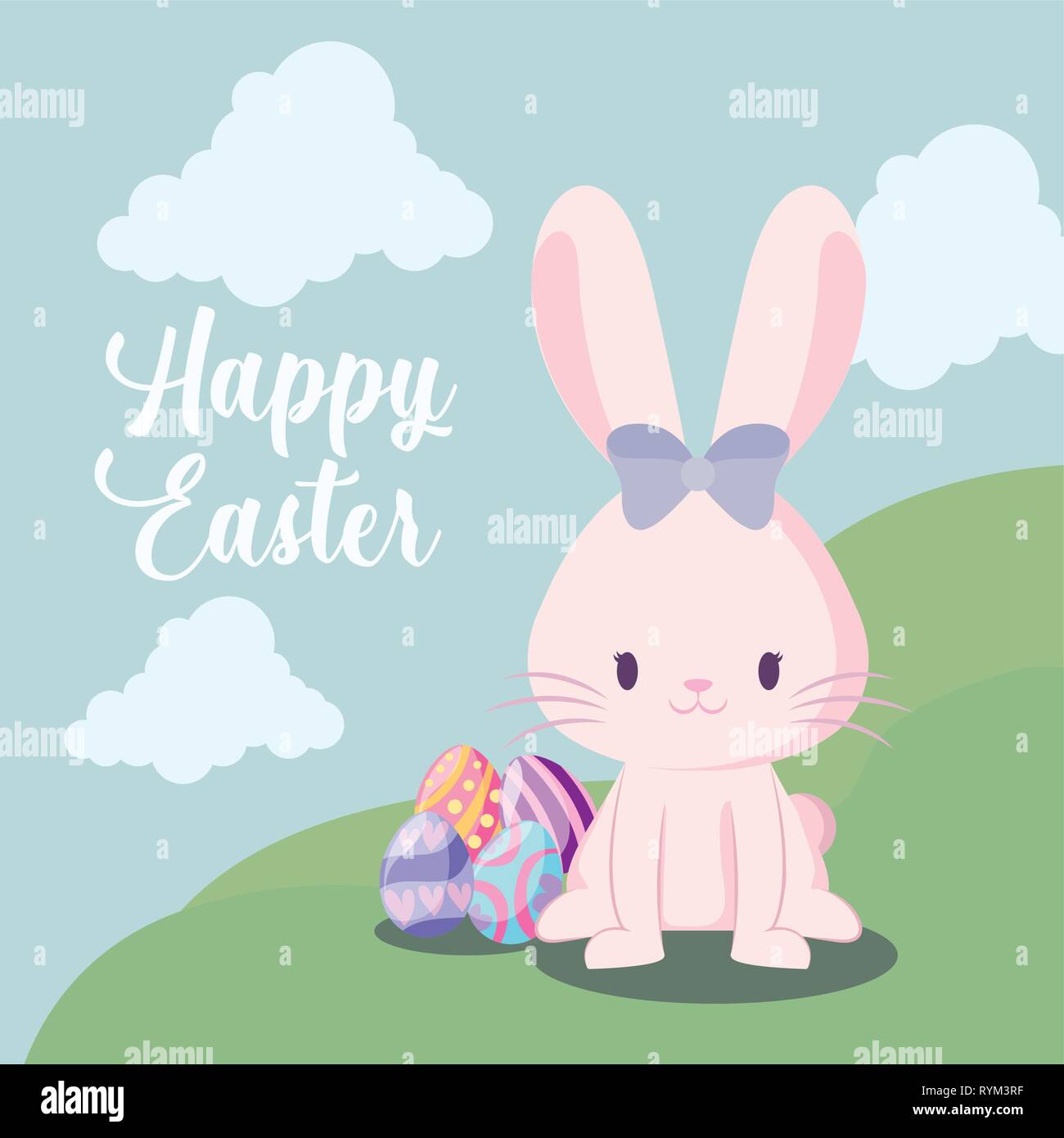 cute rabbit female with eggs of easter in landscape vector illustration ...