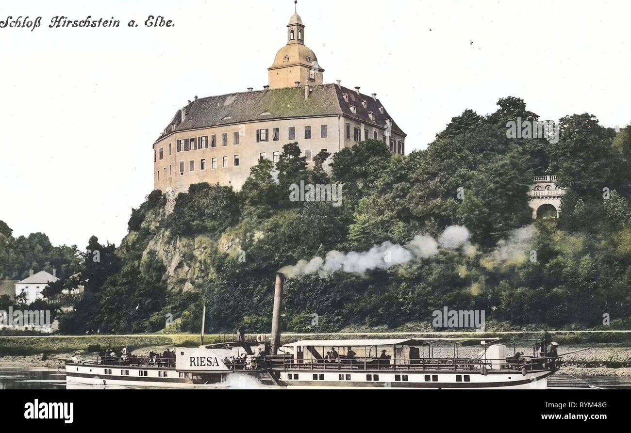 Elbe in Saxony, Schloss Hirschstein, Riesa (ship, 1897), 1908, Landkreis Meißen, Hirschstein, Schloß mit Elbe und Dampfer Riesa, Germany Stock Photo