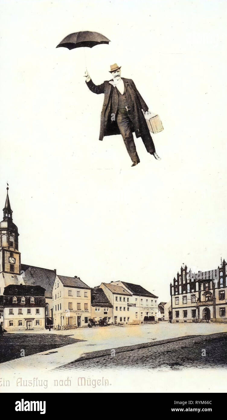 Stadtkirche St. Johannis (Mügeln), Flying males in art, Market squares in Landkreis Nordsachsen, 1903, Landkreis Nordsachsen, Mügeln, Marktplatz, Fliegender Mann, Germany Stock Photo