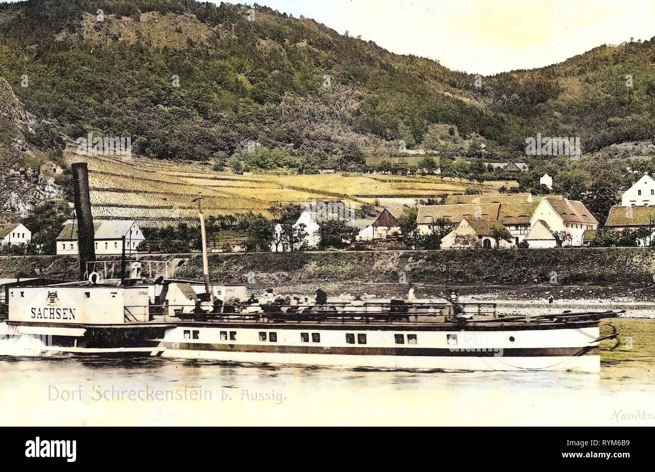 Junger Pionier (ship, 1898), Střekov (castle), Elbe in Ústí nad Labem, 1903, Ústí nad Labem Region, Aussig, Dorf Schreckenstein mit Dampfer Sachsen, Czech Republic Stock Photo