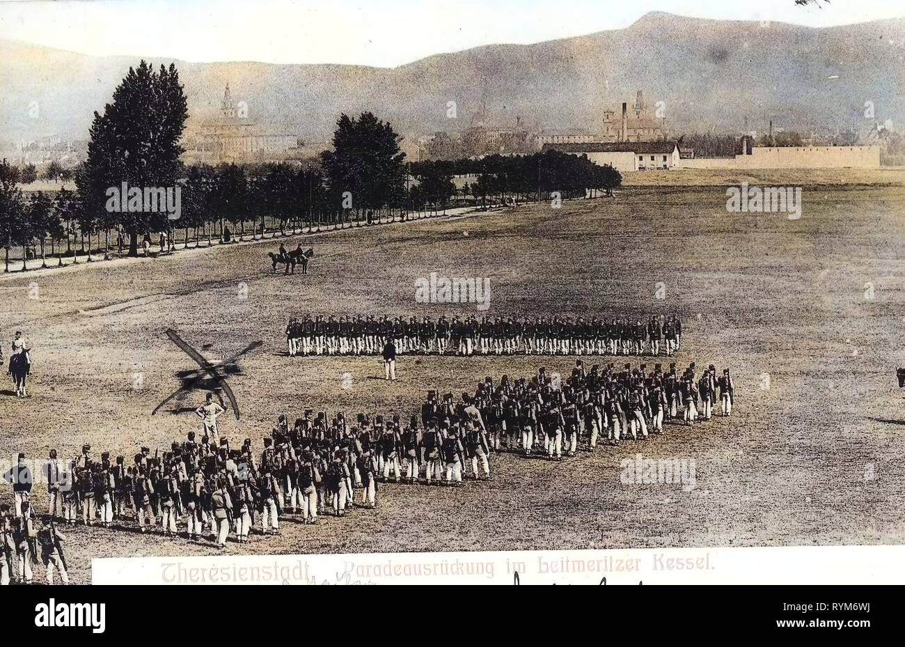 Military of Austria-Hungary, Military use of horses, 1903, Ústí nad Labem Region, Theresienstadt, Paradeausrückung im Leitmeritzer Kessel, Czech Republic Stock Photo