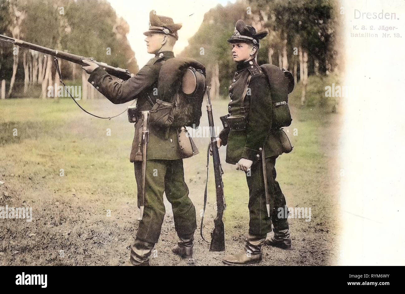 Use of weapons, 2. Königlich Sächsisches Jäger-Bataillon Nr. 13, 1903, Dresden, Tornisters, 2. Königlich Sächsisches Jäger, Batallion Nr. 13, Zielübung, Germany Stock Photo