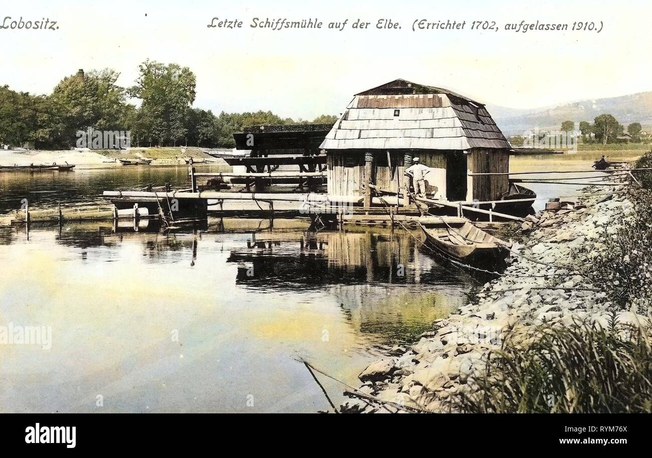 1702, Shipmills, Lovosice, 1903, Ústí nad Labem Region, Lobositz, Letzte Schiffsmühle auf der Elbe seit 1702, Czech Republic Stock Photo