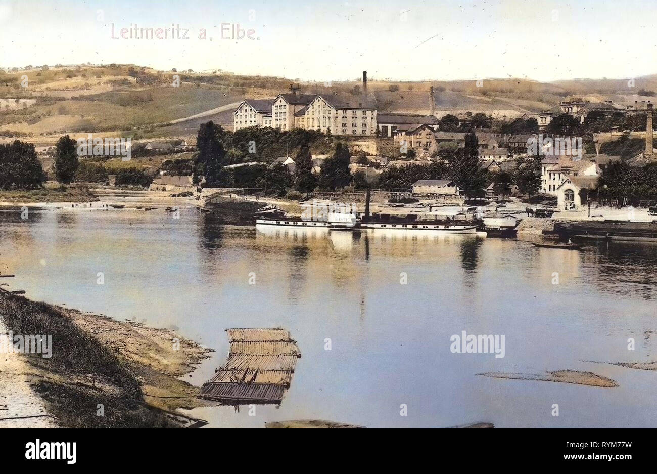 Kurort Rathen (ship, 1896), Elbe in Litoměřice, 1903, Ústí nad Labem Region, Leitmeritz, Blick über die Elbe mit Dampfer Bastei, Czech Republic Stock Photo