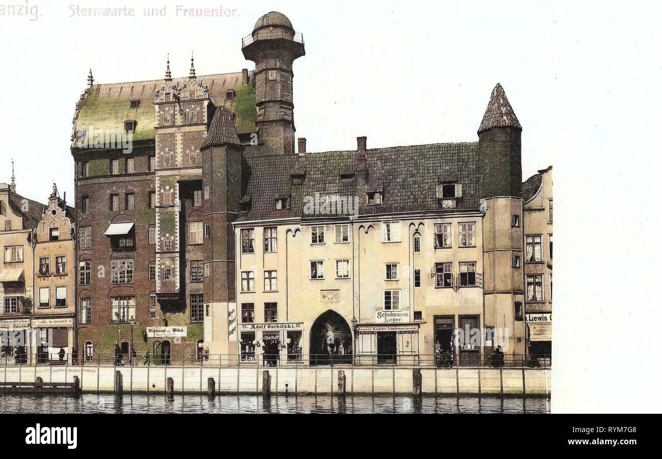 Długie Pobrzeże Street in Gdańsk, Motława in Gdańsk, House of Research Society in Gdańsk, Mariacka Gate in Gdańsk, Gdańsk in the 1900s, 1903, Pomeranian Voivodeship, Danzig, Sternwarte mit Frauentor Stock Photo