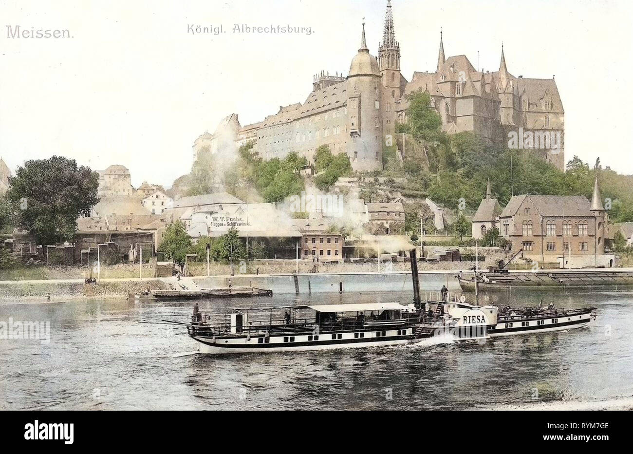 Albrechtsburg, Elbe in Meißen, Riesa (Ship, 1863), 1903, Meißen, Albrechtsburg mit Elbe und Dampfer Riesa, Germany Stock Photo