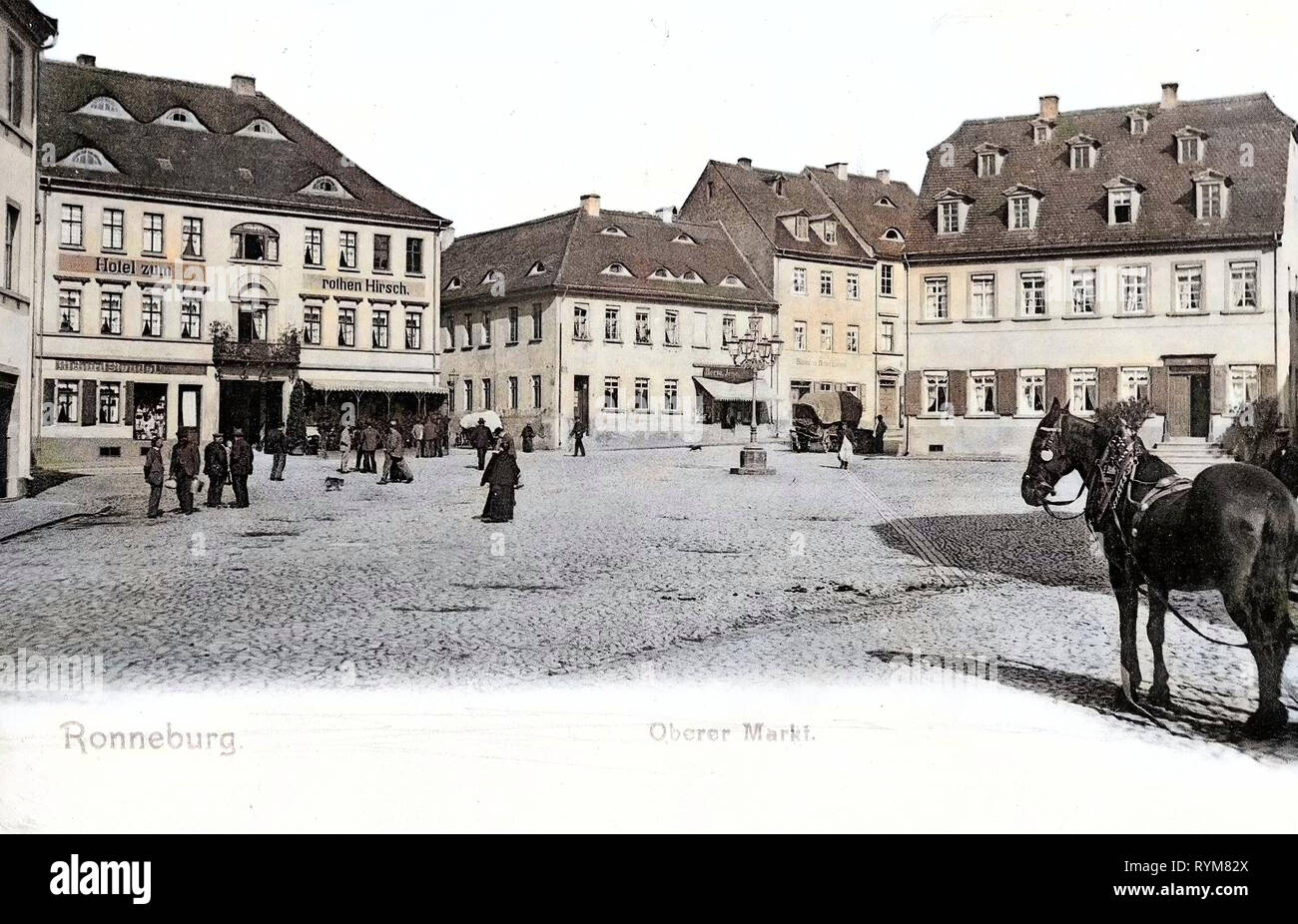 Horses of Thuringia, Hotels in Thuringia, Ronneburg (Thüringen), 1903, Thuringia, Ronneburg, Oberer Markt mit Pferd Stock Photo