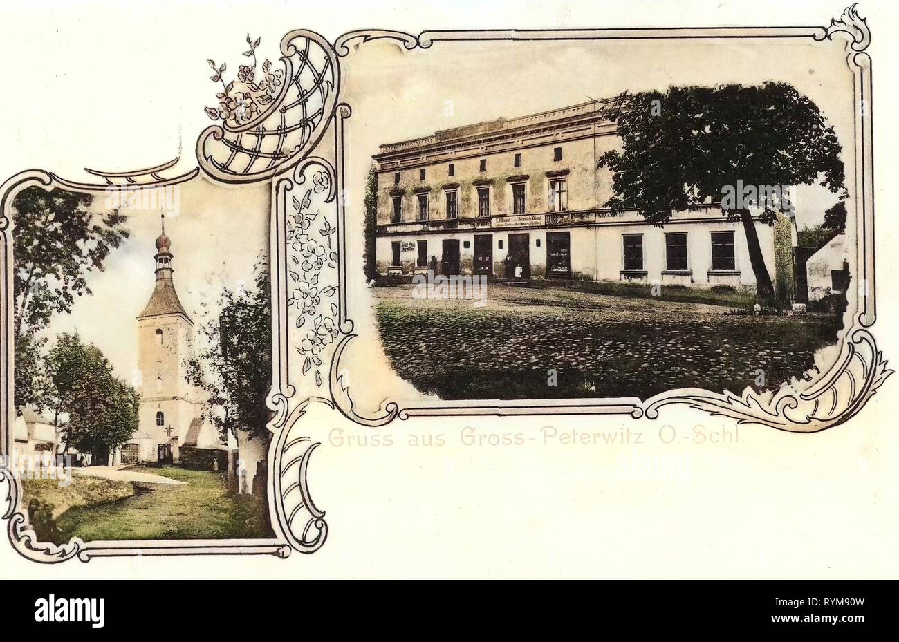 Churches in powiat raciborski, Multiview postcards, Pietrowice Wielkie, 1903, Silesian Voivodeship, Groß Peterwitz, Kirche Stock Photo