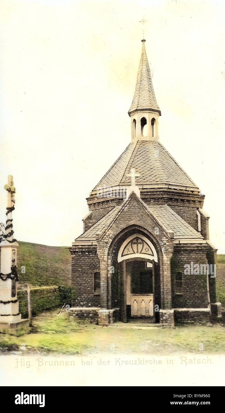 Churches in powiat raciborski, Gródczanki, 1903, Silesian Voivodeship, Ratsch, Kreuzkirche, Heiliger Brunnen Stock Photo