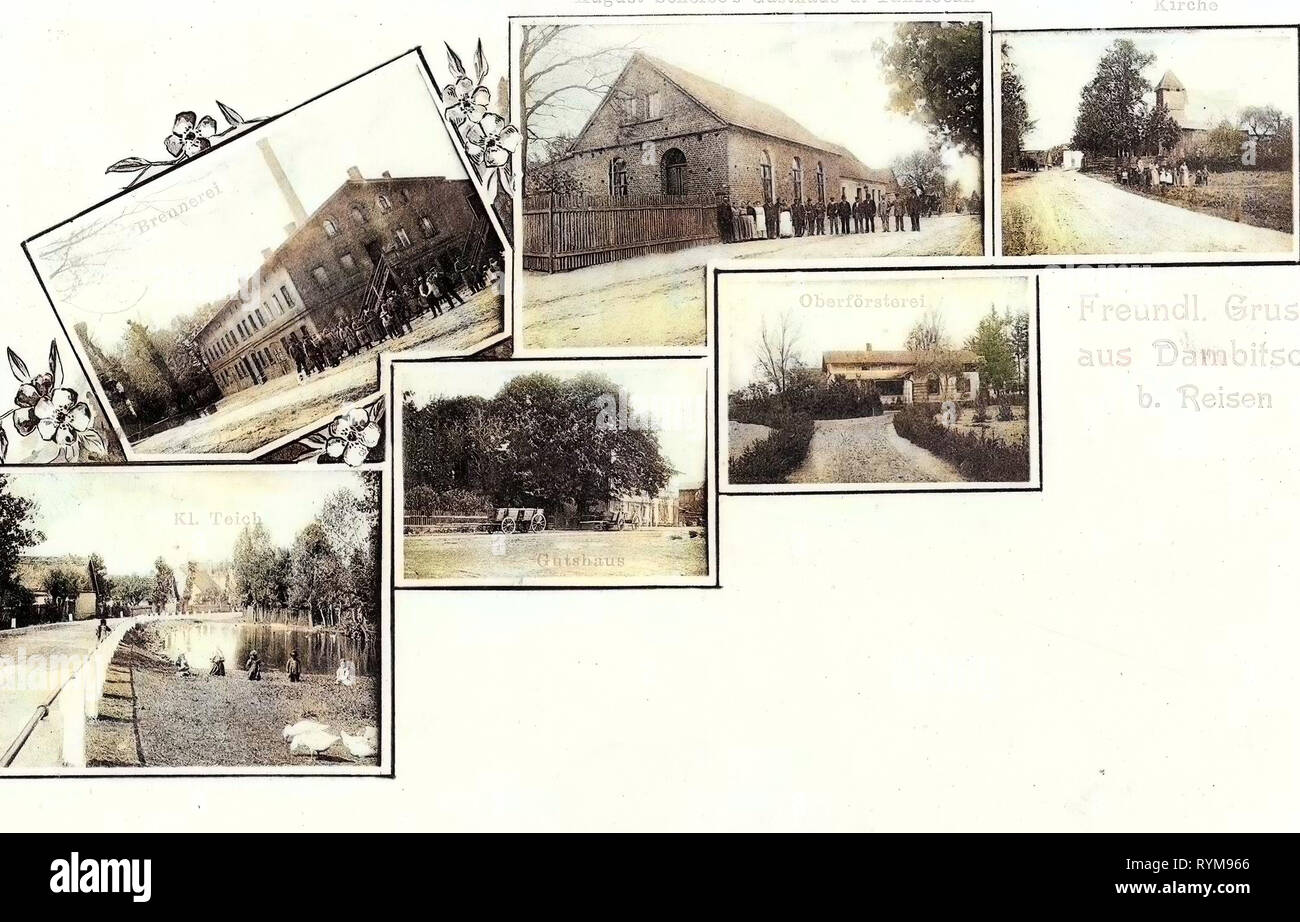 Churches in powiat leszczyński, Multiview postcards, Ponds in Poland, Breweries in Greater Poland Voivodeship, Forester's lodges in Poland, Dąbcze, 1903, Greater Poland Voivodeship, Dambitsch, Kirche, Gasthaus, Brennerei, Gutshaus Stock Photo