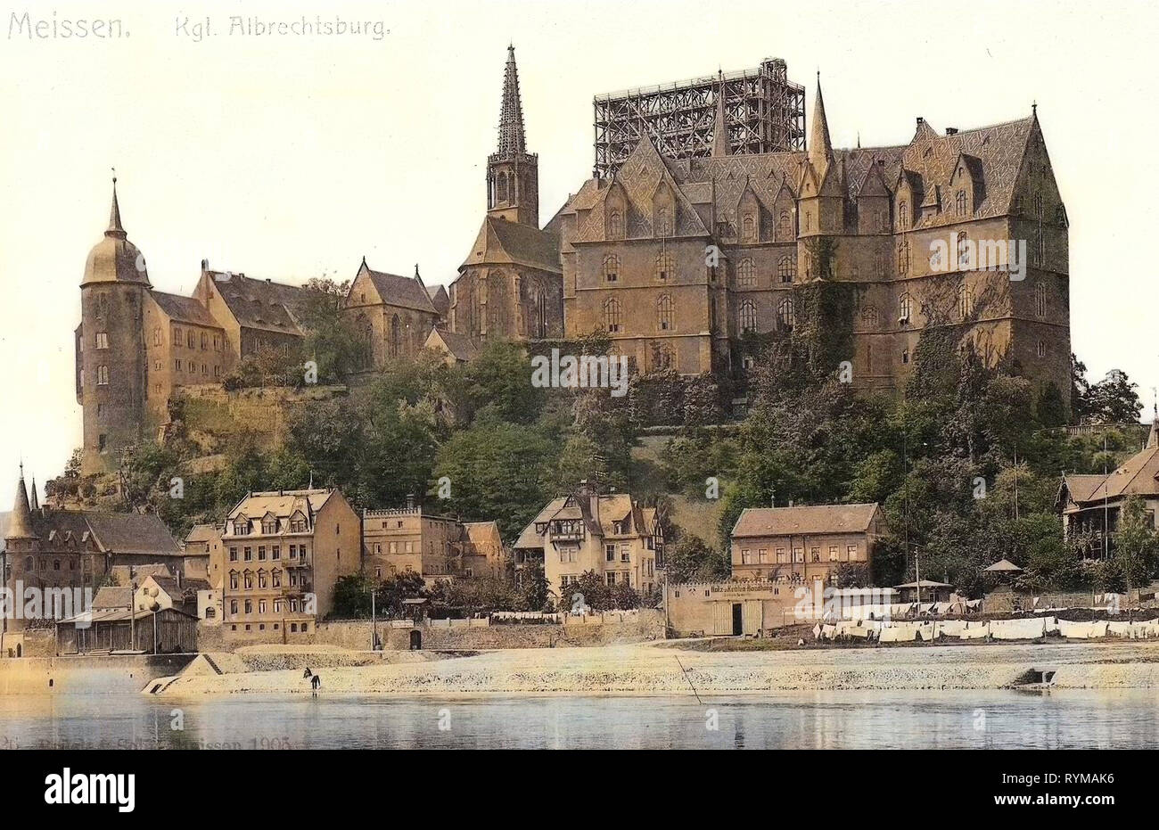 Albrechtsburg, Elbe in Meißen, Meissen Cathedral, Scaffolding in Saxony, 1905, Meißen, Blick von der Elbe auf die Albrechtsburg, Germany Stock Photo