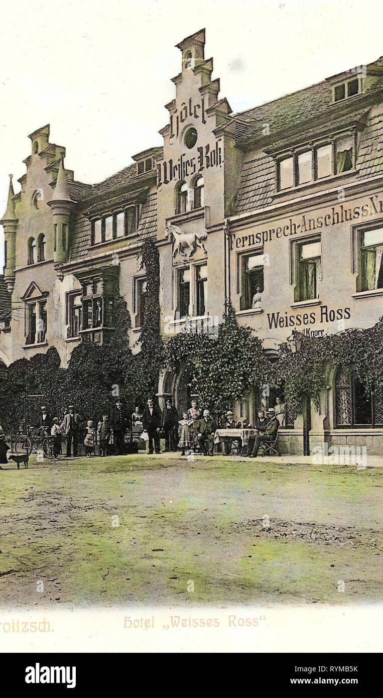 Hotels in Groitzsch, Horses of Landkreis Leipzig, 1905, Landkreis Leipzig, Groitzsch, Hotel Weißes Roß, Germany Stock Photo