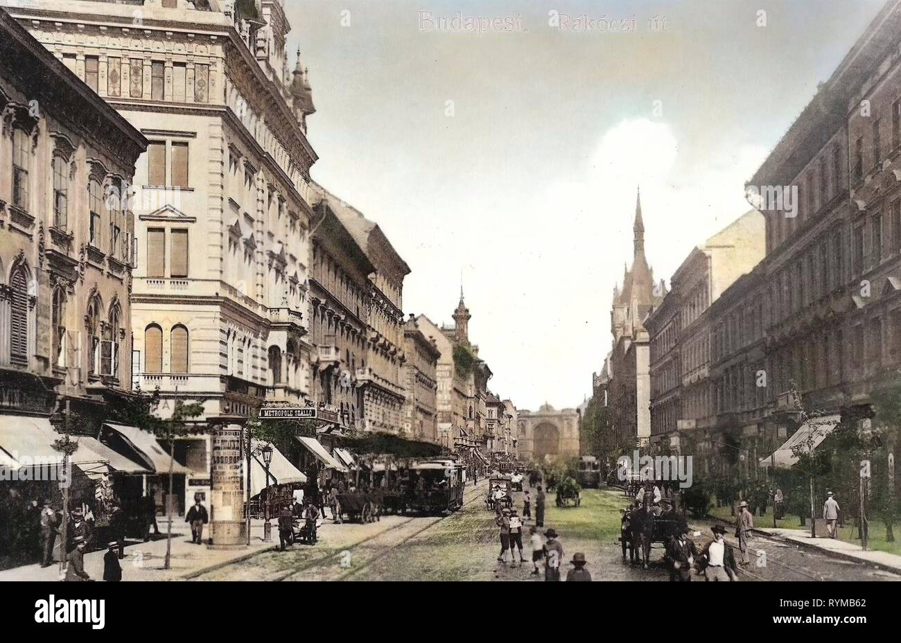 Rákóczi út, 1905, Budapest, Rakoczi Straße mit Straßenbahnen und Fuhrwerken, Hungary Stock Photo