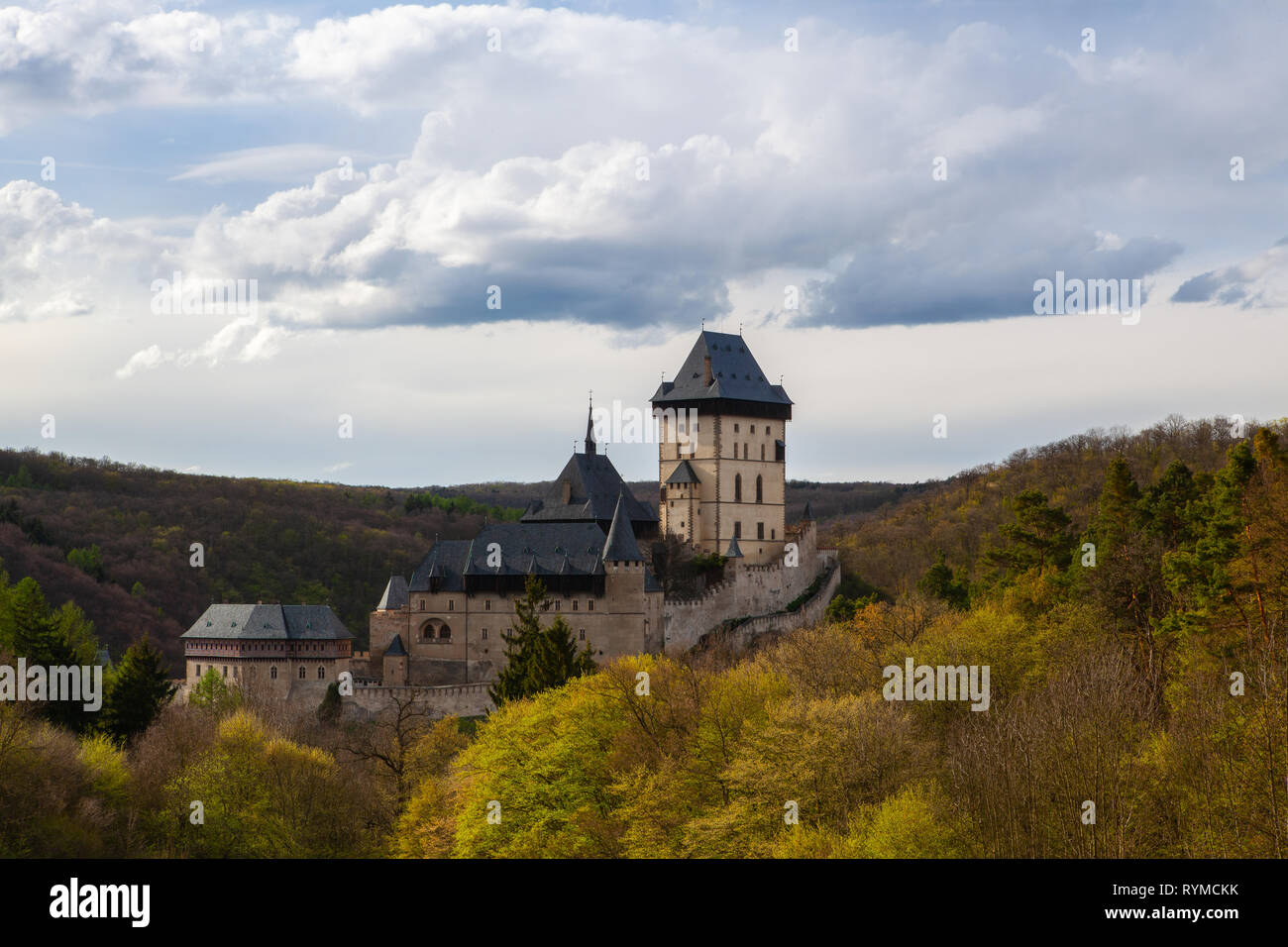 Famous Karlstejn castle  near Prague in Czech Republic. It is a large Gothic castle founded 1348 CE by Charles IV, Holy Roman Emperor-elect and King o Stock Photo