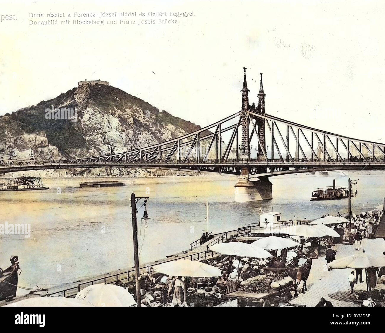 Historical images of Liberty Bridge, Budapest, Historical photographs of Gellért Hill, Markets in Budapest, 1906, Donaubild mit Blocksberg und Franz Josefs Brücke, Hungary Stock Photo