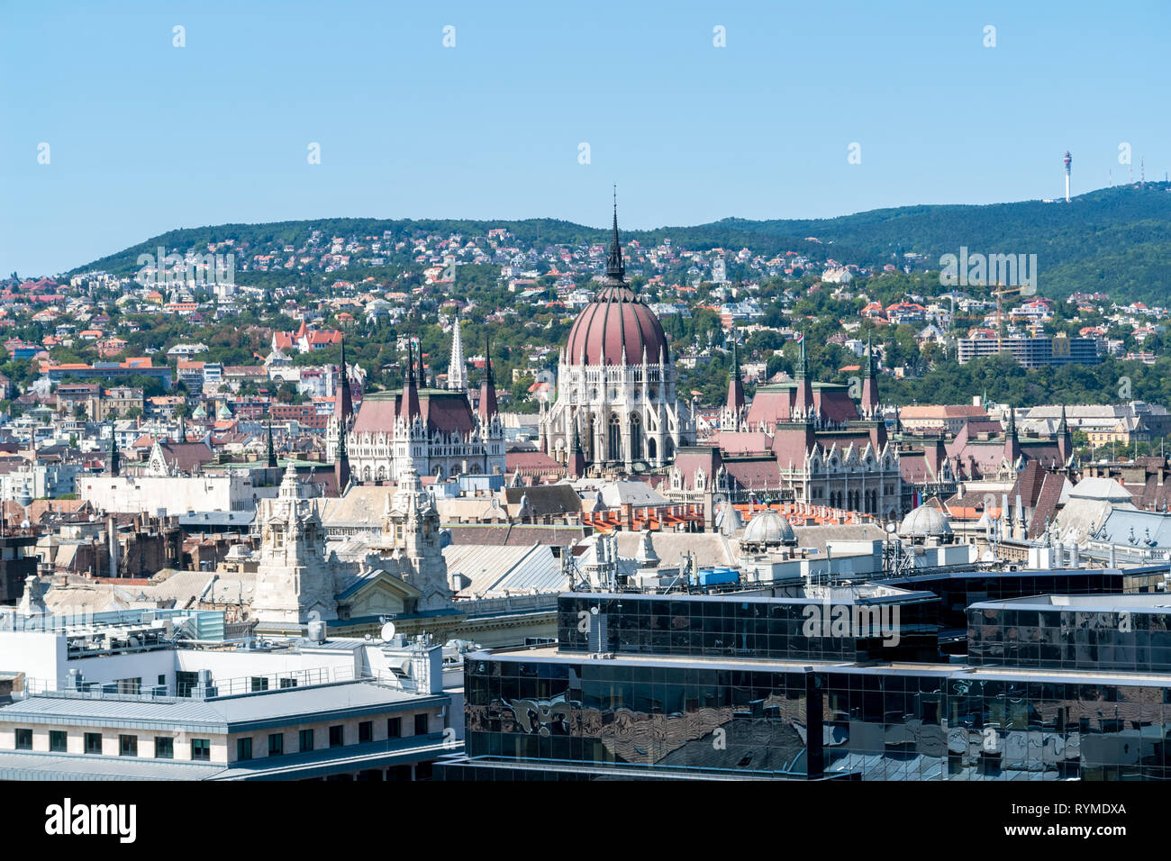 Hungarian Parliament from St. Stephen's Basilica - Budapest Stock Photo