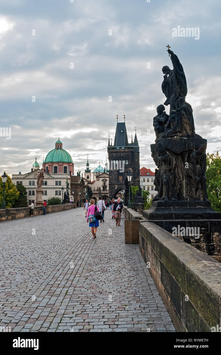 People walking on Charles Bridge - Prague, Czech Republic Stock Photo