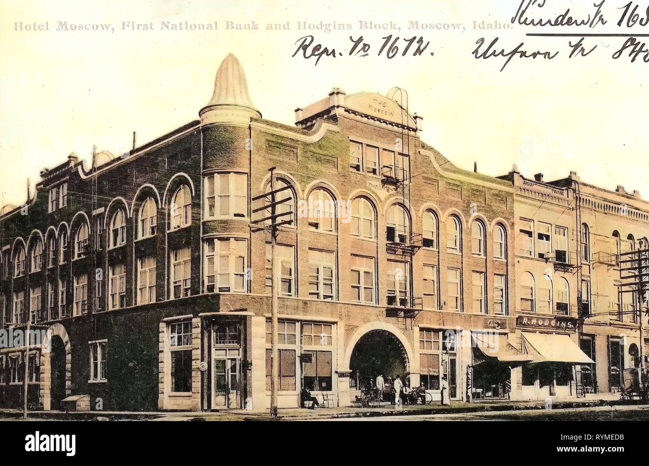 Hotels in Idaho, Shops in Idaho, Downtown Moscow, Idaho, 1906, Moscow, Hotel Moscow, First National Bank and Hodgins Block Stock Photo