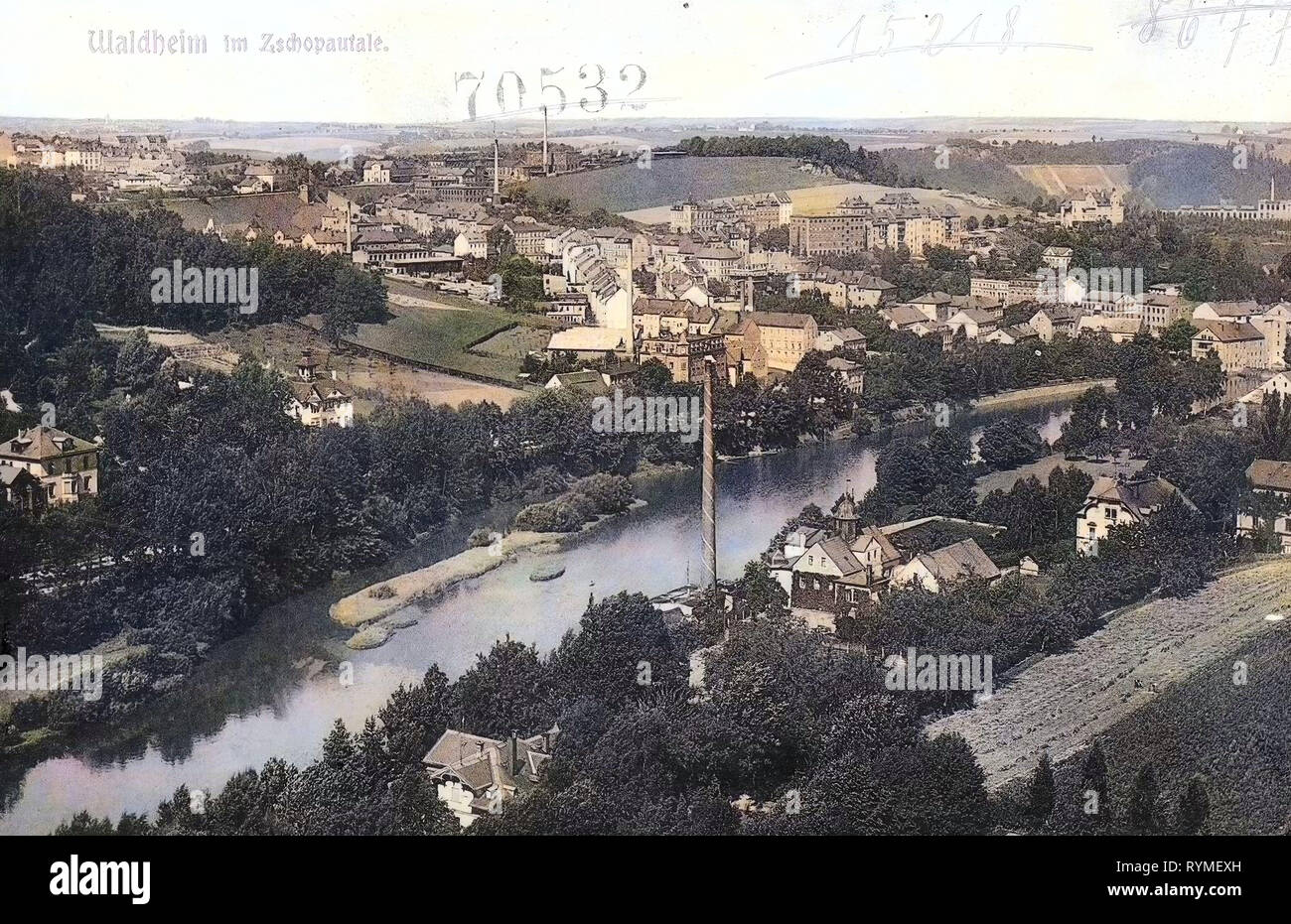 Zschopau (river), Buildings in Waldheim, 1907, Landkreis Mittelsachsen, Waldheim, Germany Stock Photo