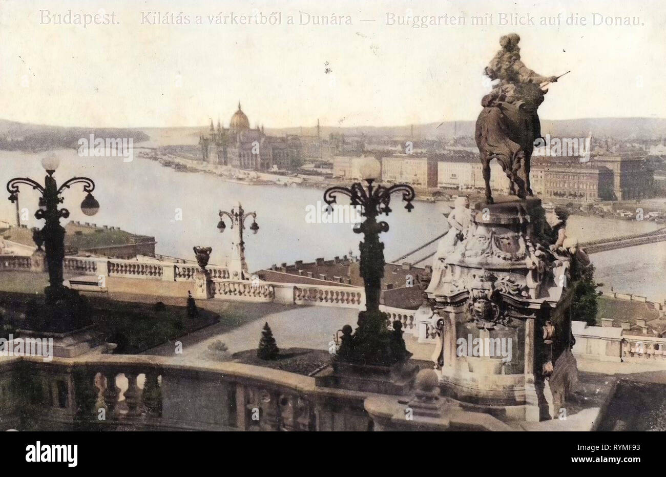 Hungarian Parliament Building from across the Danube, Prince Eugene monument, Budapest, 1907, Burggarten mit Blick auf die Donau, Hungary Stock Photo