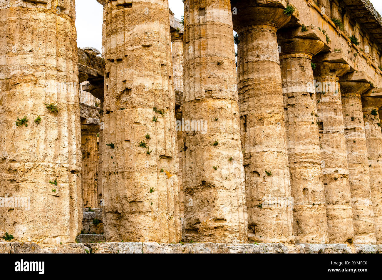 Detail of the Doric colonnade of Hera II Temple, also called the Temple of Neptune, is a Greek temple in Paestum, Italy Stock Photo