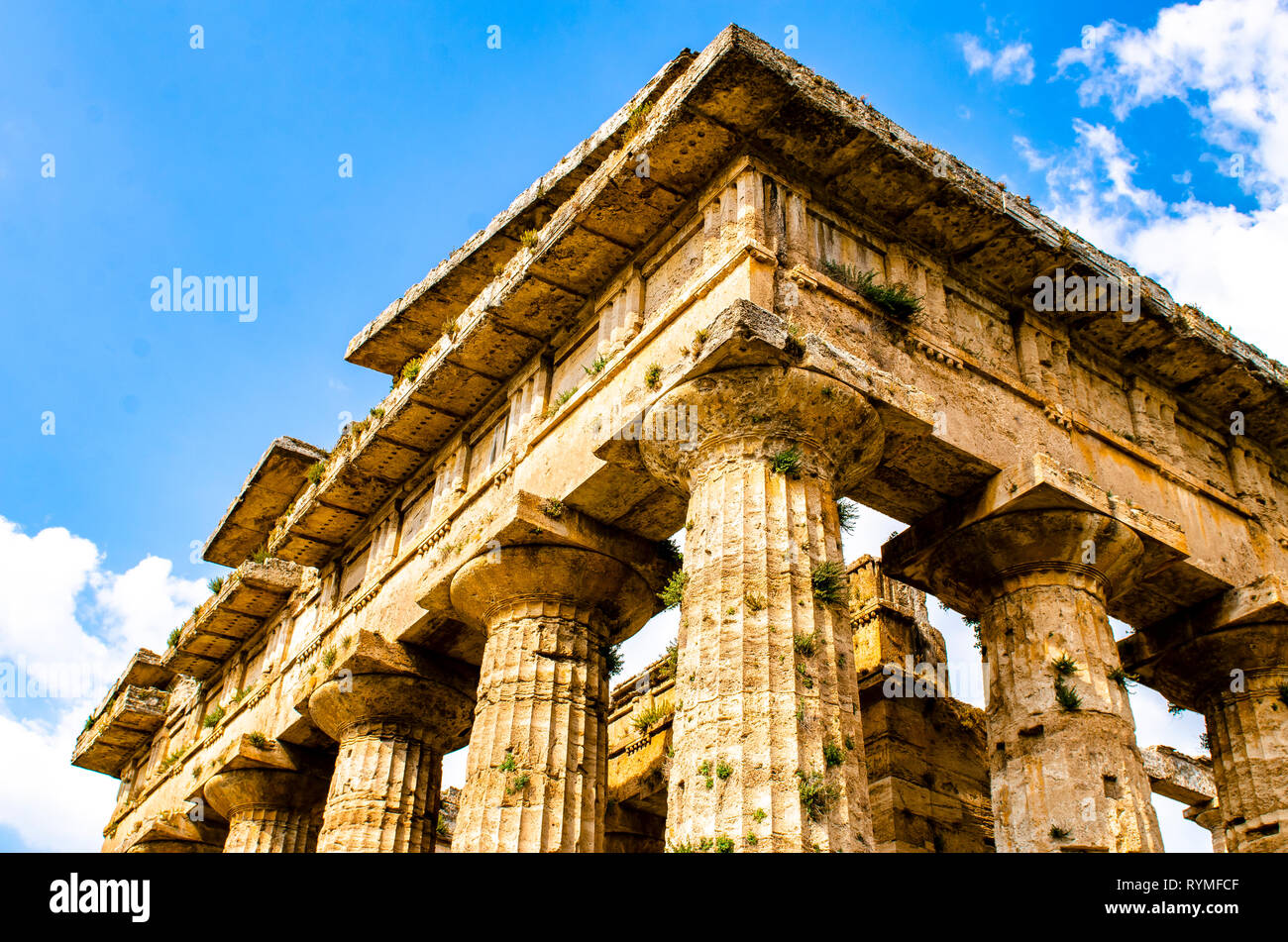 Detail of Hera II Temple, also called the Temple of Neptune, is a Greek temple in Paestum, Italy Stock Photo