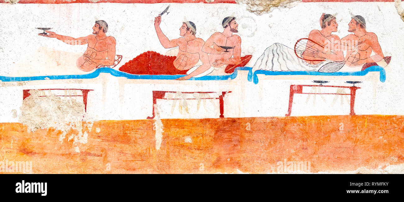 Paestum, ancient frescoes in the tomb of the diver, Italy Stock Photo