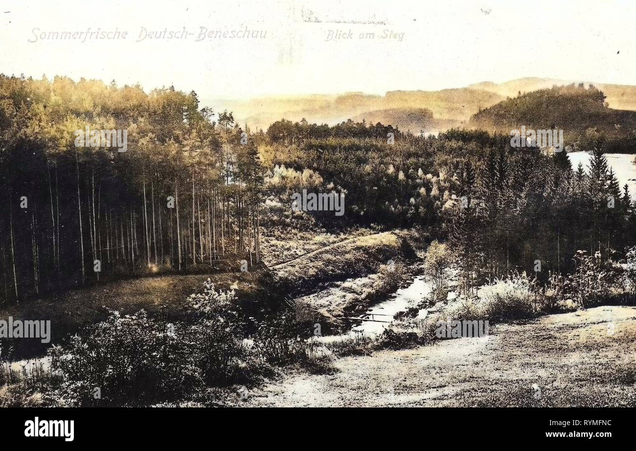 Forests in South Bohemian Region, Benešov nad Černou, 1907, South Bohemian Region, Beneschau, Blick am Steg Stock Photo