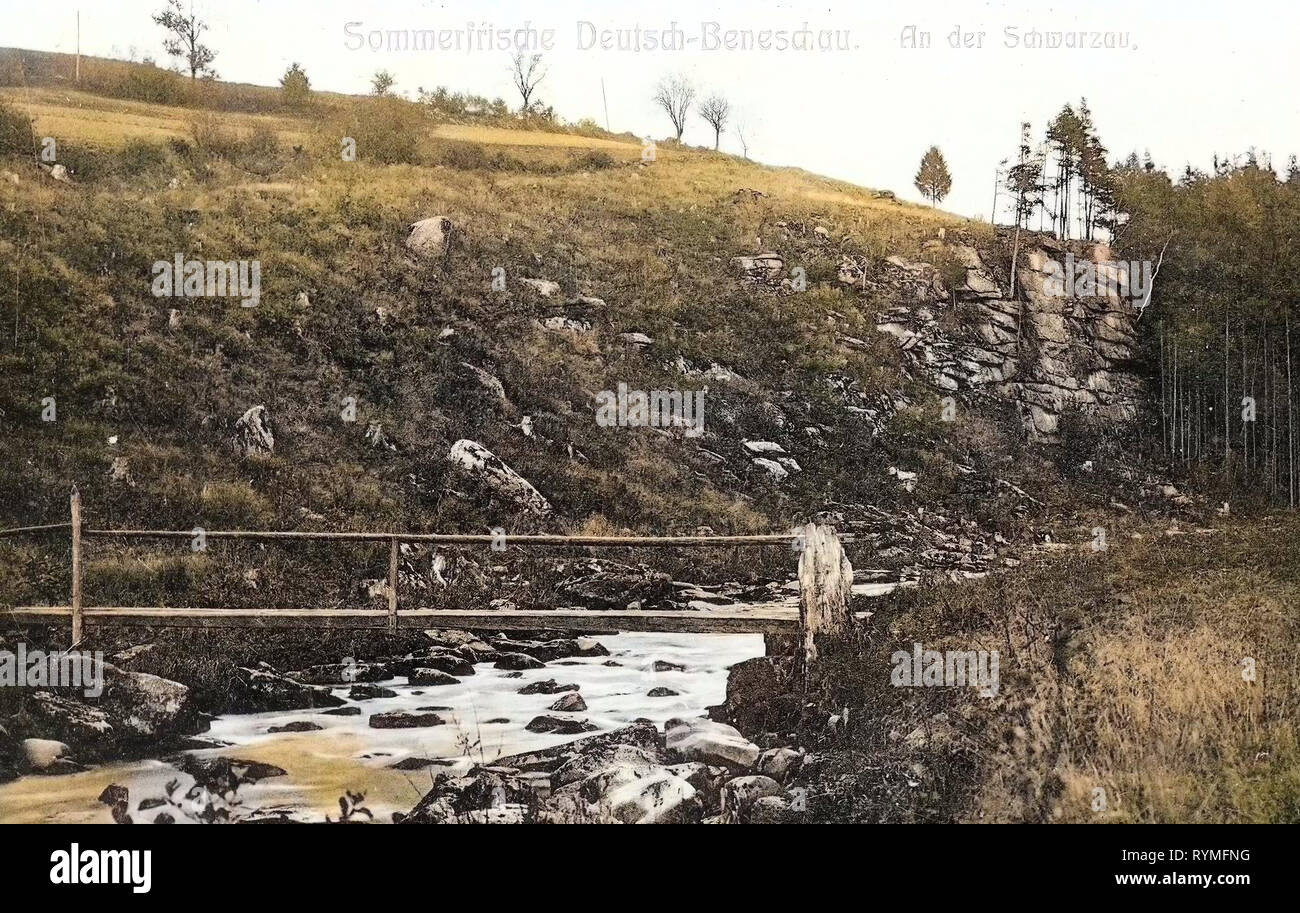 Forests in South Bohemian Region, Rocks in South Bohemian Region, Bridges in Český Krumlov District, Benešov nad Černou, 1907, South Bohemian Region, Beneschau, An der Schwarzau Stock Photo