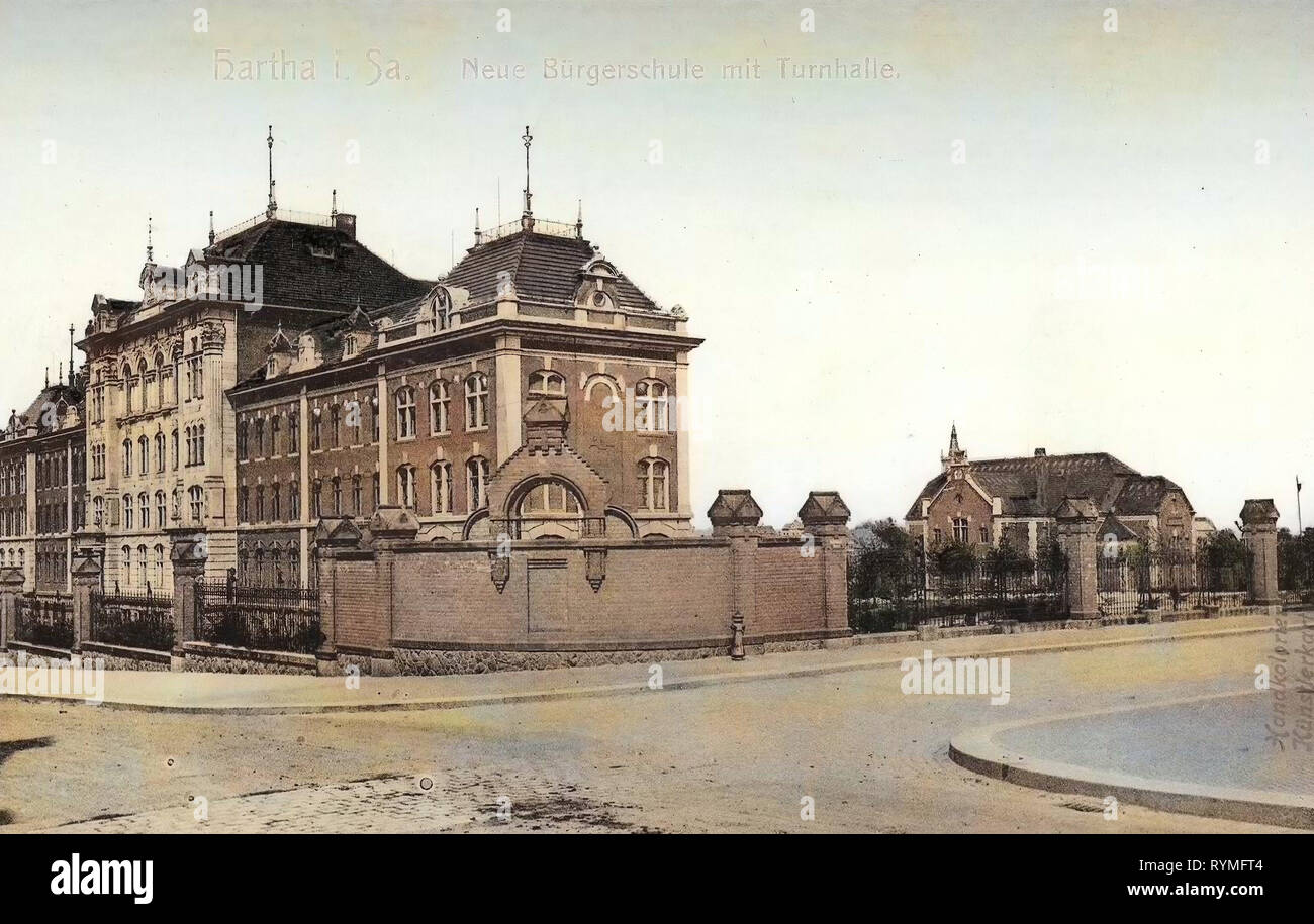 Pestalozzi-Schule (Hartha), 1907, Landkreis Mittelsachsen, Hartha, Neue Bürgerschule mit Turnhalle, Germany Stock Photo