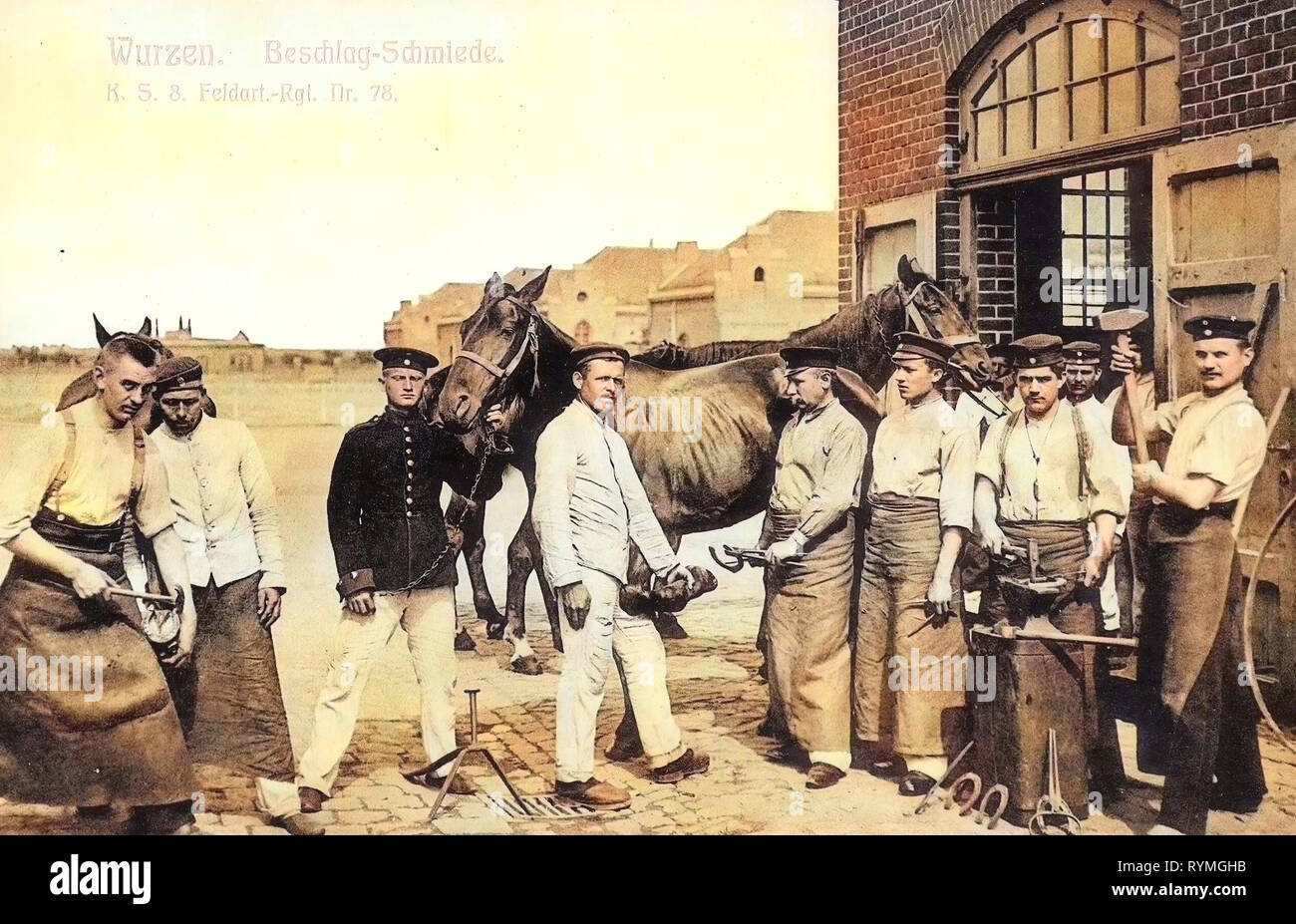 Farriers, Forges in Saxony, 8. Königlich Sächsisches Feldartillerie-Regiment Nr. 78, Military use of horses, Military facilities of Germany, 1908, Landkreis Leipzig, Wurzen, Beschlag Schmiede Stock Photo