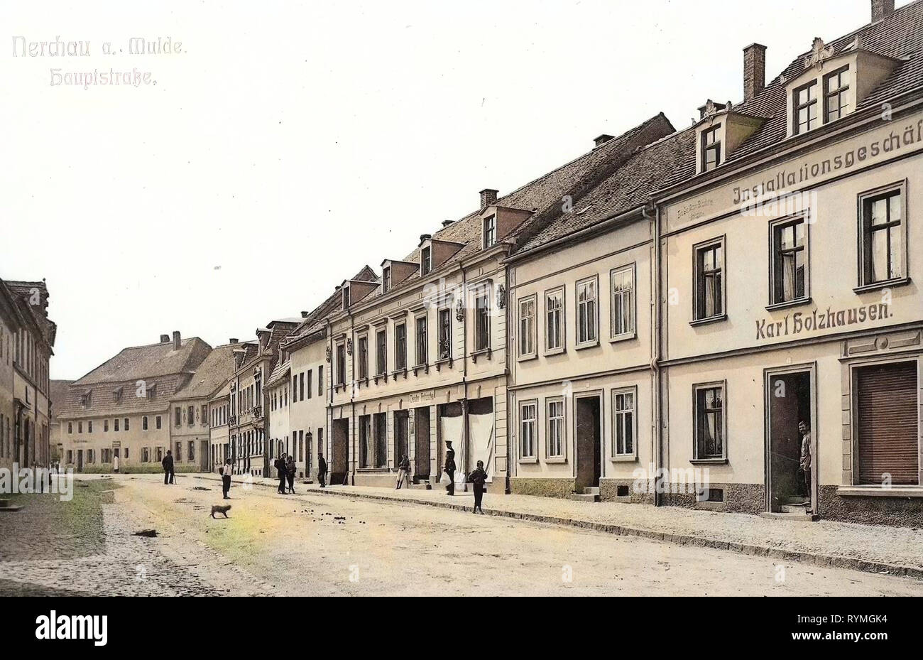 Buildings in Grimma, 1908, Landkreis Leipzig, Nerchau, Hauptstraße, Germany Stock Photo