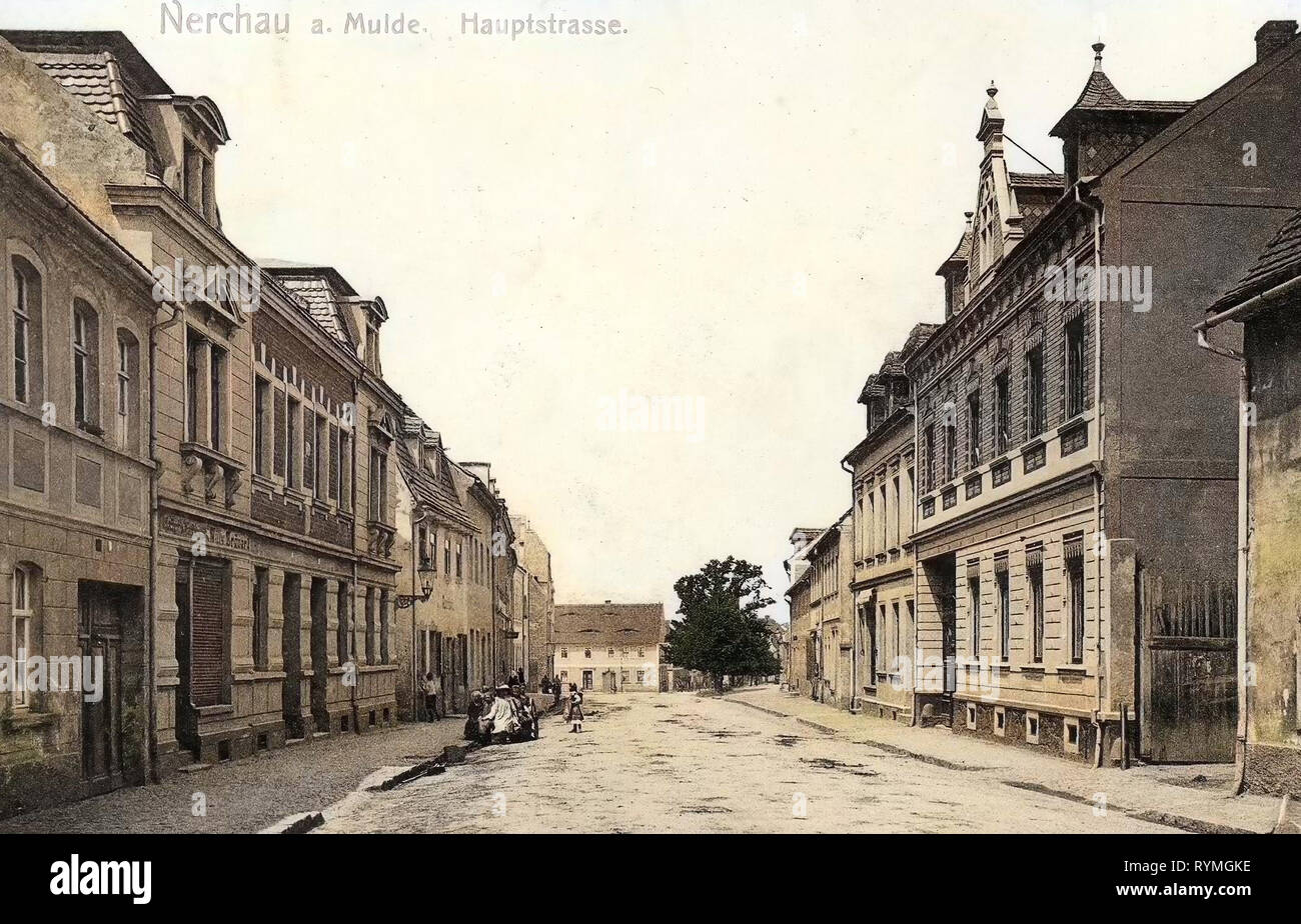 Buildings in Grimma, 1908, Landkreis Leipzig, Nerchau, Hauptstraße, Germany Stock Photo