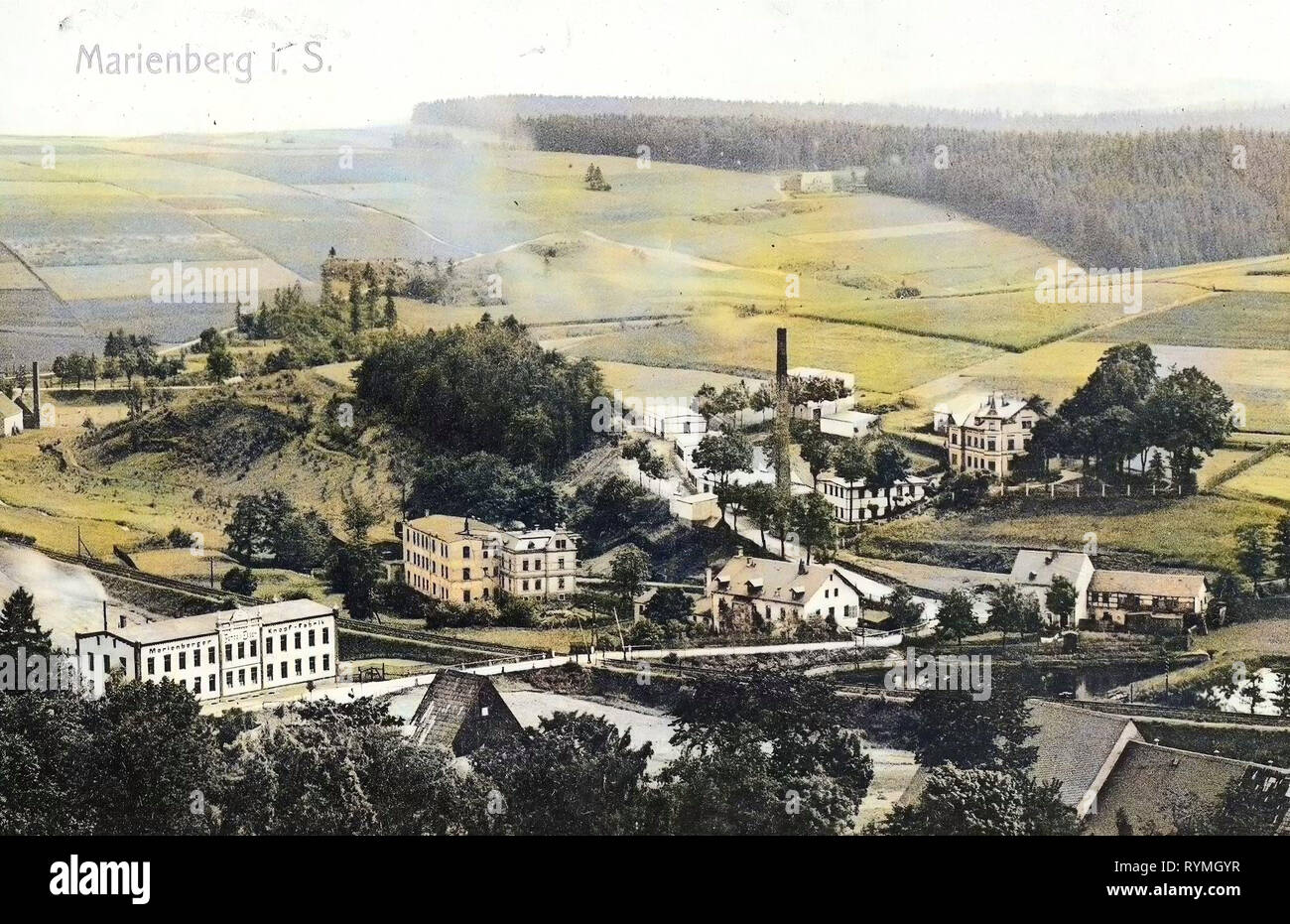 Buildings in Erzgebirgskreis, Flöha (river), Level crossings in Erzgebirgskreis, Industry in Saxony, Ponds in Erzgebirgskreis, 1908, Erzgebirgskreis, Marienberg, Germany Stock Photo