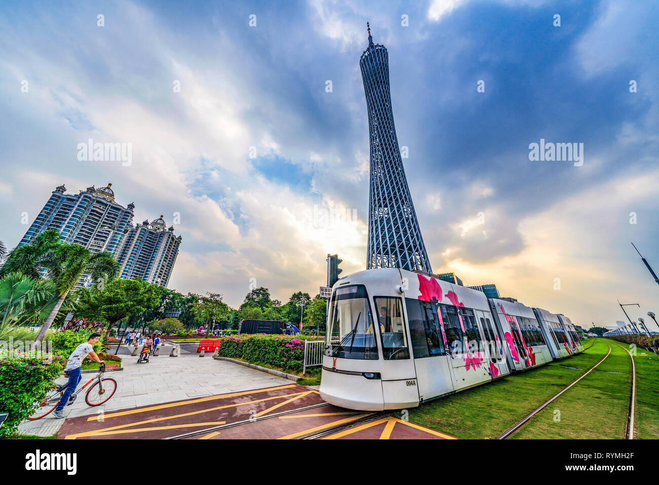 GUANGZHOU, CHINA - OCTOBER 21: This is a view of the Haizhu tram with the Canton Tower in the downtown area on October 21, 2018 in Guangzhou Stock Photo