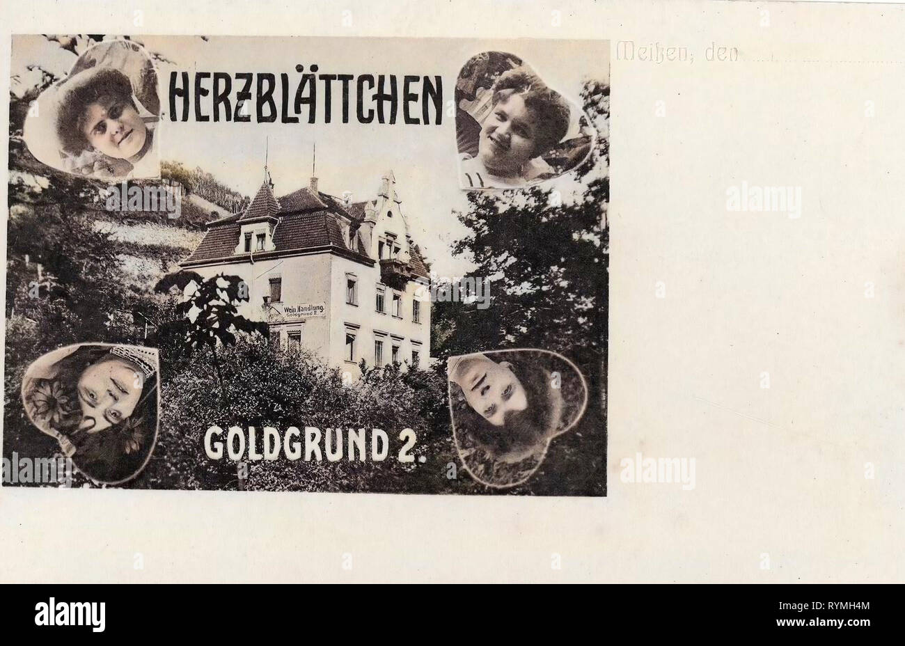 Wine trade, Buildings in Meißen, Multiview postcards, Women of Germany in art, 1908, Meißen, Herzblättchen Goldgrund 2, Weinhandlung Stock Photo