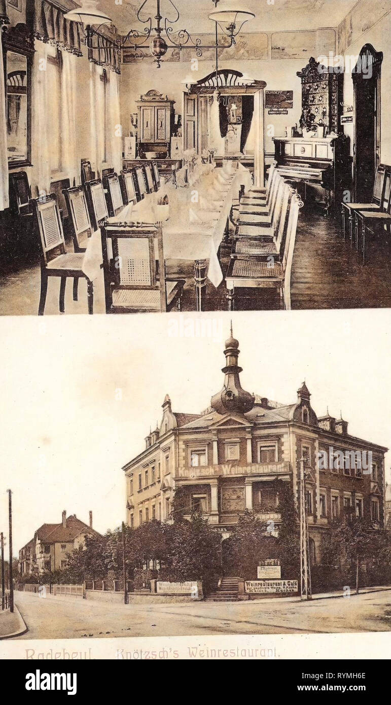 Wine taverns in Saxony, Wohn- und Geschäftshaus Hermann Knötzsch, Dining rooms in Germany, Multiview postcards, 1908, Landkreis Meißen, Radebeul, Knötzschs Weinrestaurant Stock Photo
