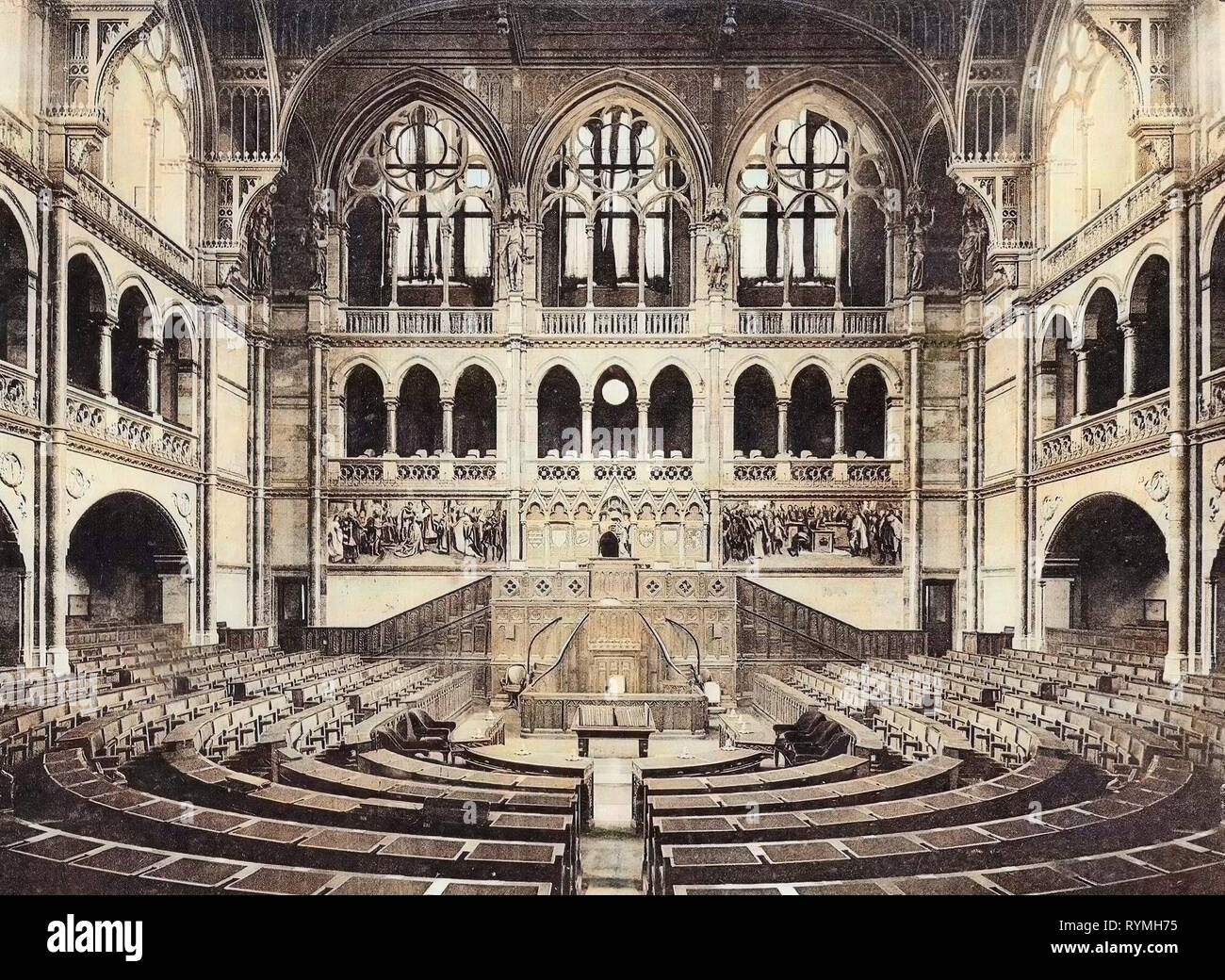 Debating chamber of the House of Magnates, 1908, Budapest, Parlament, Sitzungssaal, Hungary Stock Photo
