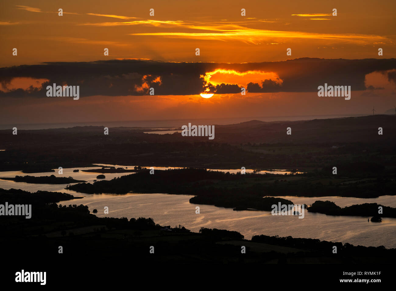 Sunset over lower Lough Erne from Navar Forest Park, County Fermanagh Stock Photo